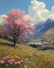Solitary pink tree blossoms in vibrant spring meadow overlooking serene lake and majestic mountains under a partly cloudy sky.
