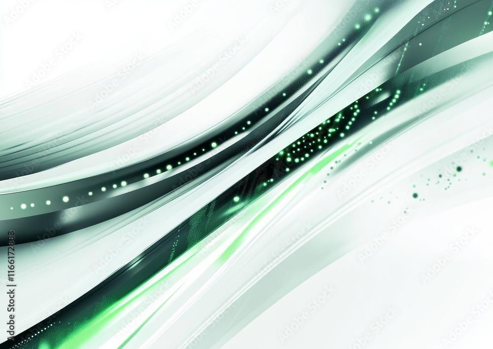 Poster vibrant green and black abstract wave design showcasing dynamic lines and glowing dots on a white ba