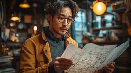 Man Reviews Blueprint Design in Workshop
