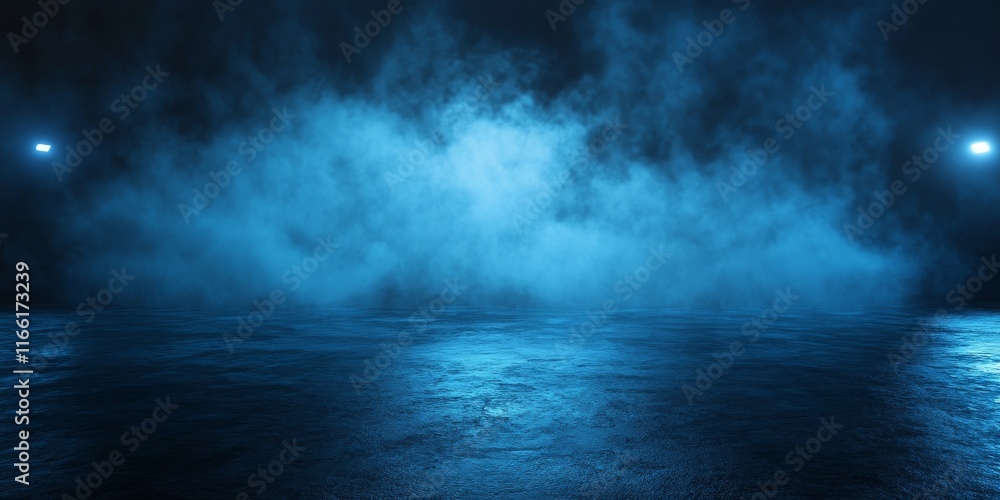 Poster mysterious blue fog envelops a darkened space, creating an ethereal atmosphere for an event or perfo