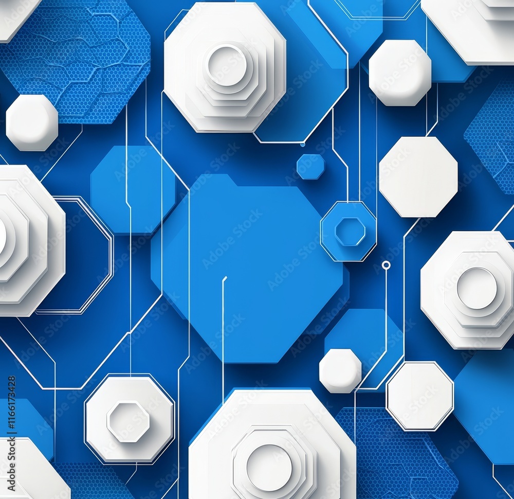 Aufkleber Digital Abstract Background Featuring Blue and White Hexagonal Shapes With Lines and Patterns Indicating Modern Technology and Design Concepts