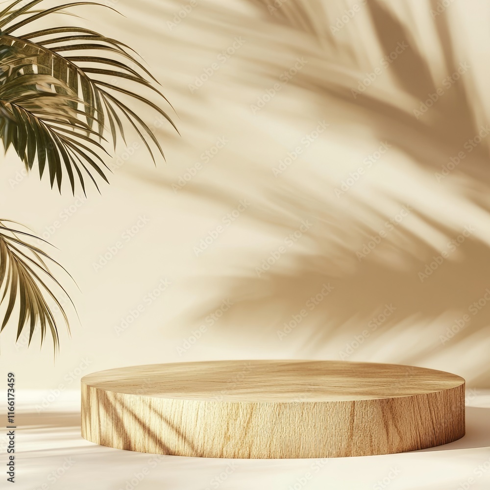 Poster round wooden platform set against a soft background with delicate palm leaf shadows creating a tranq