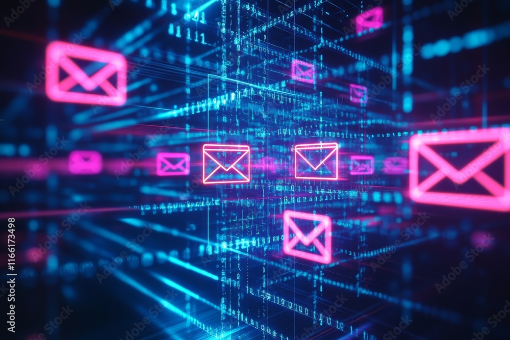 Poster vibrant depiction of digital communication with floating email icons in a futuristic network environ