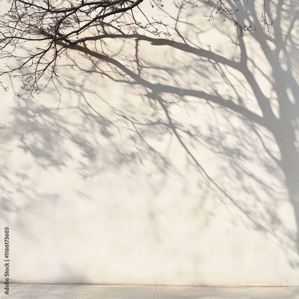 Poster tall tree casts intricate shadow patterns on a light-colored wall during the afternoon hours in an u
