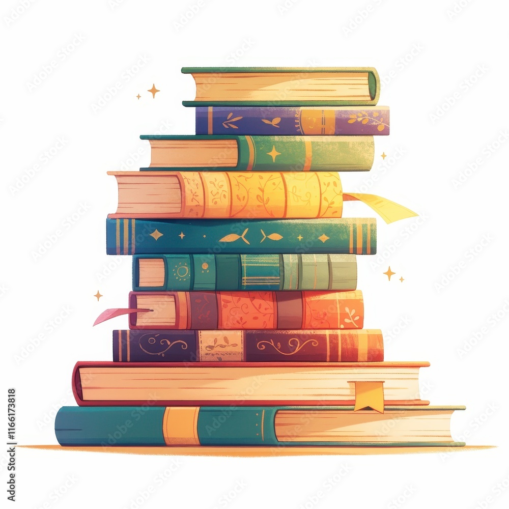 Poster a colorful stack of decorative books with bookmarks, symbolizing knowledge.