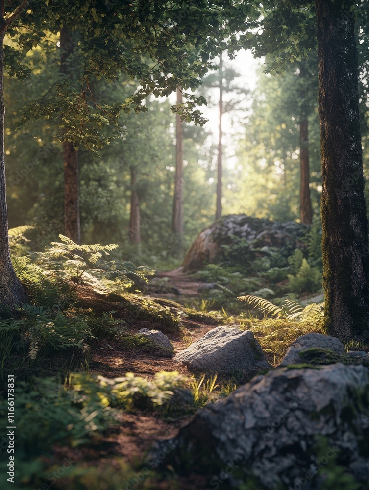 Poster lush forest landscape with sunlight filtering through trees and illuminating a rocky pathway surroun