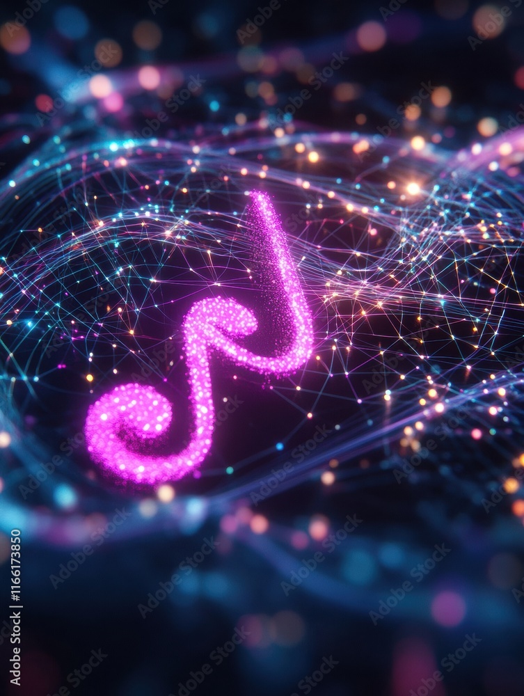 Poster dynamic 3d visual representation of interconnected glowing nodes and abstract shapes in vibrant colo