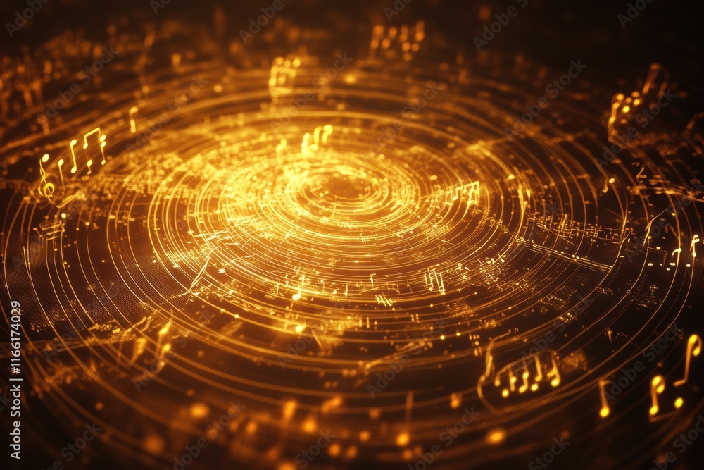 Fototapete illuminated 3d music notes swirling in a golden vortex creating a mesmerizing visual harmony. genera