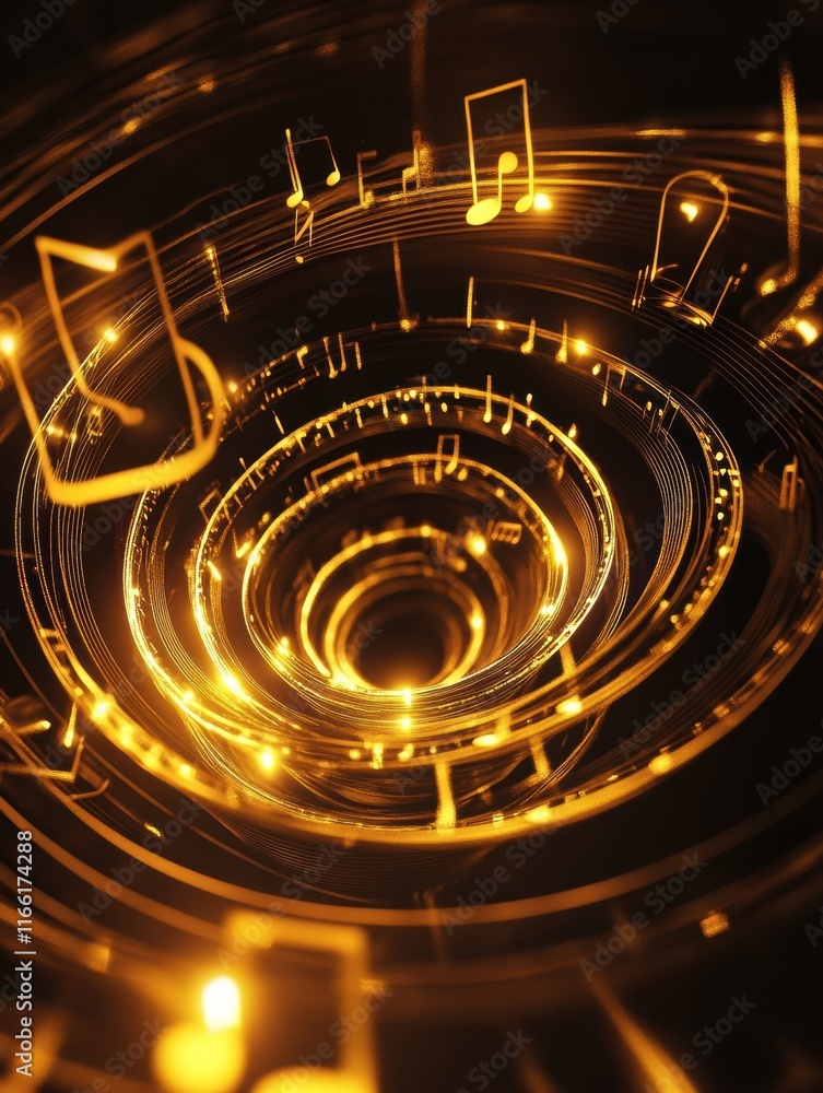 Poster Vibrant 3D music notes swirl in a golden spiral display creating a mesmerizing audio visual experience. Generative AI