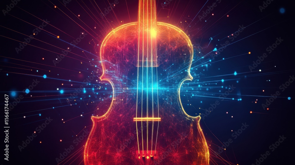 Aufkleber colorful 3d violin glowing with vibrant light in an abstract digital art environment. generative ai