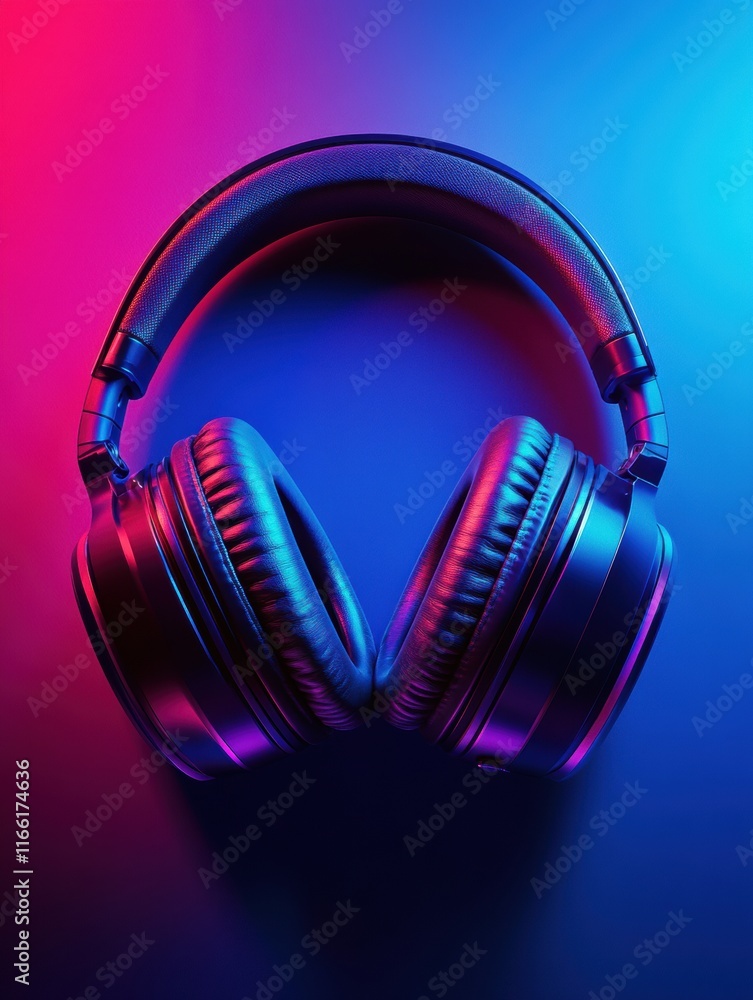 Poster close up view of modern headphones showcasing a vibrant design and reflective colors. generative ai