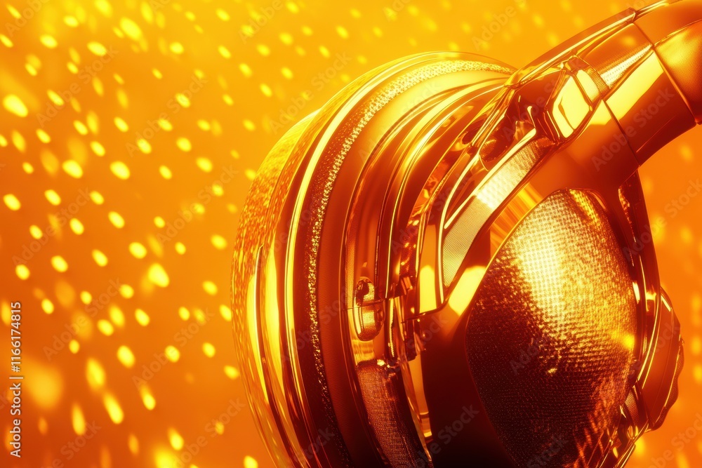 Poster 3d close up view of stylish gold headphones with a vibrant orange background creating a lively atmos