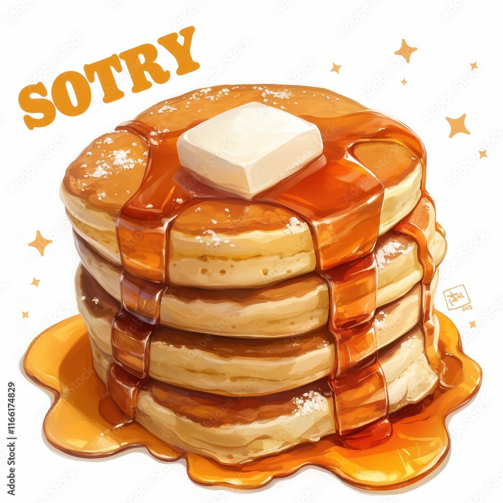 Poster a stack of fluffy pancakes topped with butter and syrup.