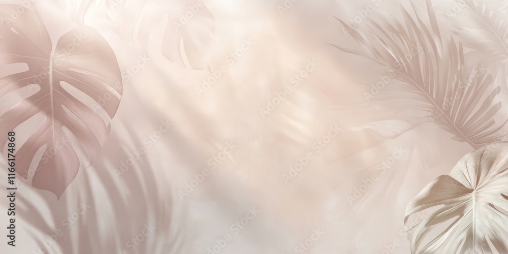 Poster Soft Beige Background With Tropical Leaves Creating a Calm and Serene Atmosphere in a Minimalist Setting