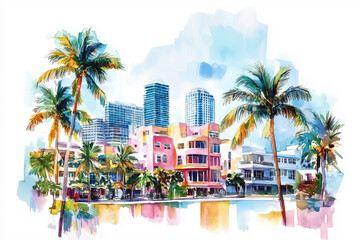 Watercolor illustration of Miami's colorful Art Deco buildings and palm trees
