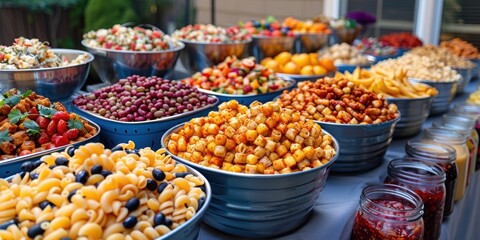 Fototapeta premium A vibrant and diverse selection of snack foods and salads creatively displayed in colorful bowls, highlighting the variety and richness of flavors and ingredients