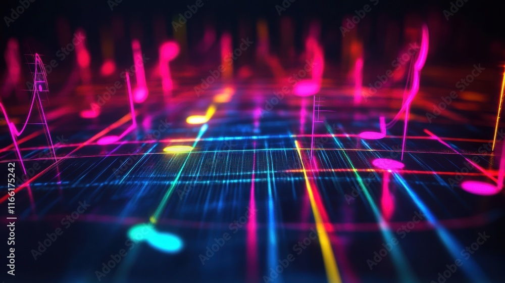 Fototapete Digital sound waves represented in vibrant colors and patterns create a mesmerizing 3D visualization of music. Generative AI