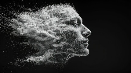 Woman's face dissolving into particles.