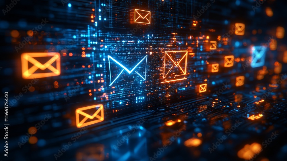 Poster colorful digital representation of email concepts with glowing symbols and data patterns in a modern