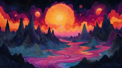 Surreal alien landscape with vibrant river, mountains, and celestial bodies.