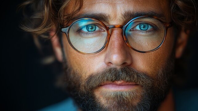 Close-up portrait of a man with glasses and a contemplative expression