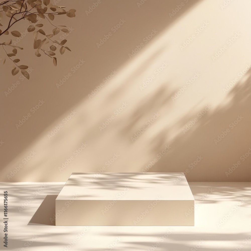 Poster soft natural light casts elegant shadows on a minimalist display platform surrounded by a gentle lea