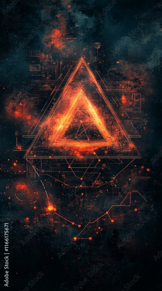 Poster abstract digital art featuring glowing triangular shapes and cosmic elements set against a dark back