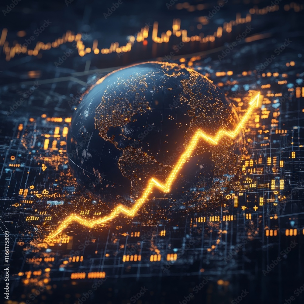 Poster conceptual representation of global financial growth with a glowing world map and upward trend line 