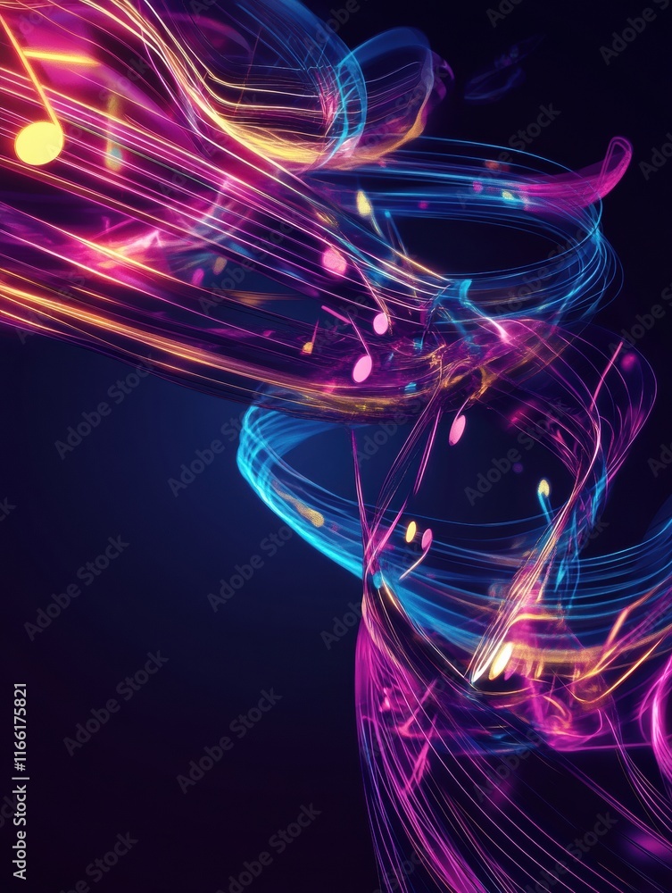 Aufkleber 3d musical staff lines flowing with vibrant neon tones creating a rhythmical visual harmony. generat