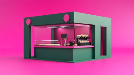Colorful Bakery Display With Bright Pink Backdrop Showcasing Fresh Pastries in a Modern Storefront Design