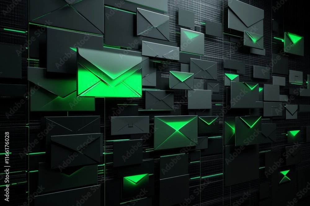 Aufkleber digital representation of communication through glowing envelopes on a dark textured background duri