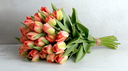 Bouquet of fresh pink and yellow tulips with green leaves tied together on a light textured surface creating a soft and elegant floral composition