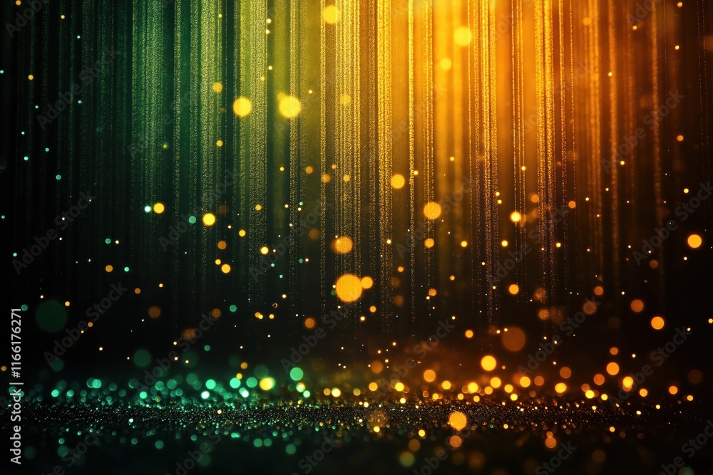 Aufkleber abstract design with golden, green glittering particles falling on dark background. sparkling partic