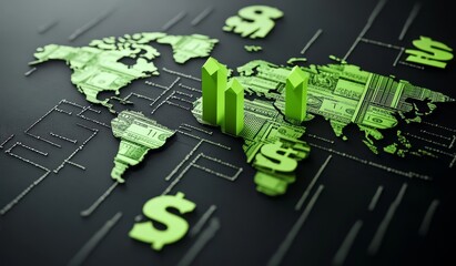 Financial Growth Represented Through Green Dollar Shapes on a World Map Emphasizing Global Economy and Investment Opportunities