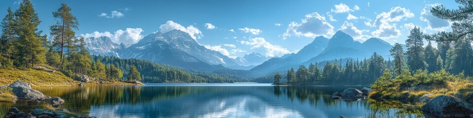 Naklejka premium Serene Lake Reflects Majestic Mountains Under Clear Blue Sky During a Tranquil Day in a Remote Wilderness Area