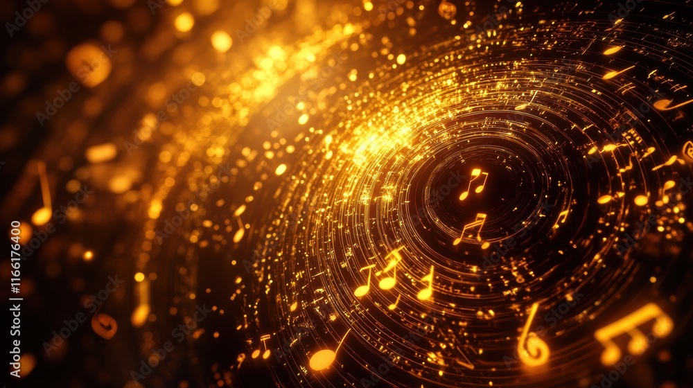 Aufkleber Vibrant 3D music notes swirl in golden hues, creating a dynamic visual experience of sound and rhythm. Generative AI