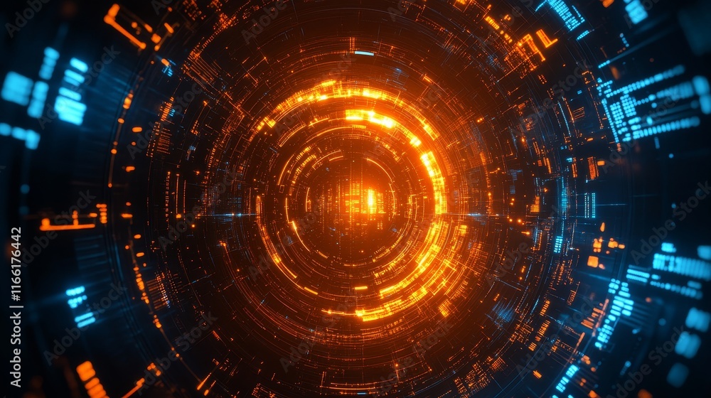 Aufkleber Visual Representation of Digital Technology Featuring an Abstract Circular Design With Glowing Blue and Orange Patterns