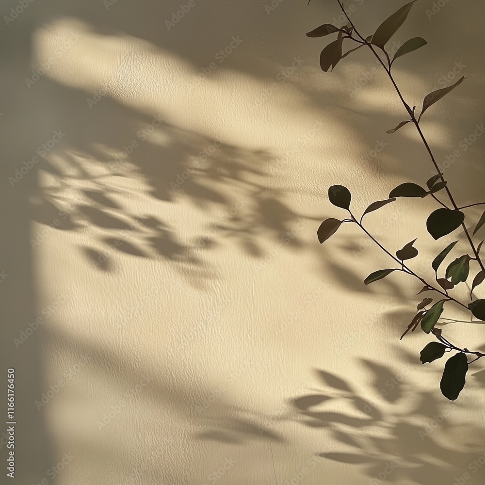 Poster light and shadow interplay with plant leaves creating an artistic display on a textured wall in warm