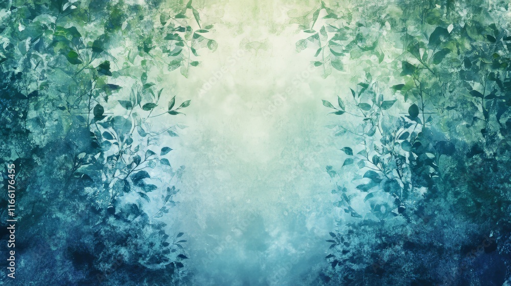 Poster nature inspired abstract background featuring soft hues of blue and green with delicate leaf pattern