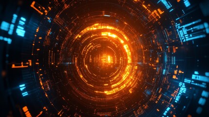Fototapeta premium Visual Representation of Digital Technology Featuring an Abstract Circular Design With Glowing Blue and Orange Patterns
