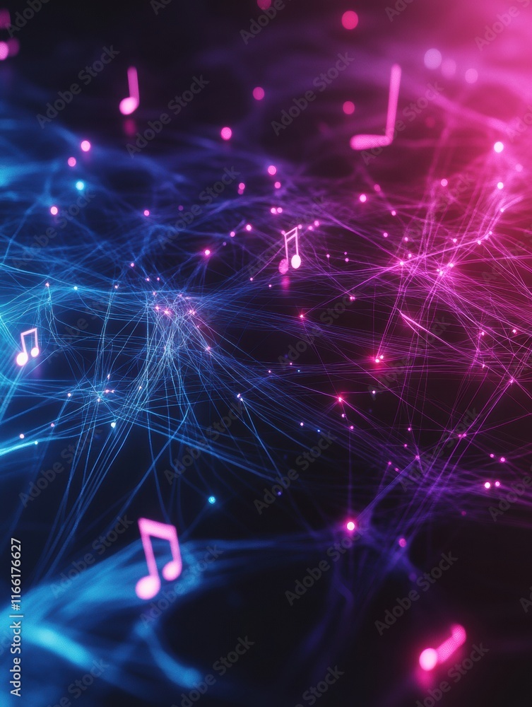 Leinwandbilder Dynamic 3D visualization of musical notes floating through a vibrant network of colorful sound waves. Generative AI