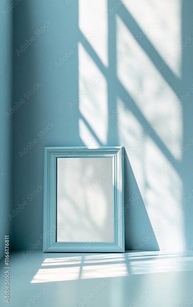 Poster charming empty picture frame casting shadows in a tranquil blue room during daylight hours