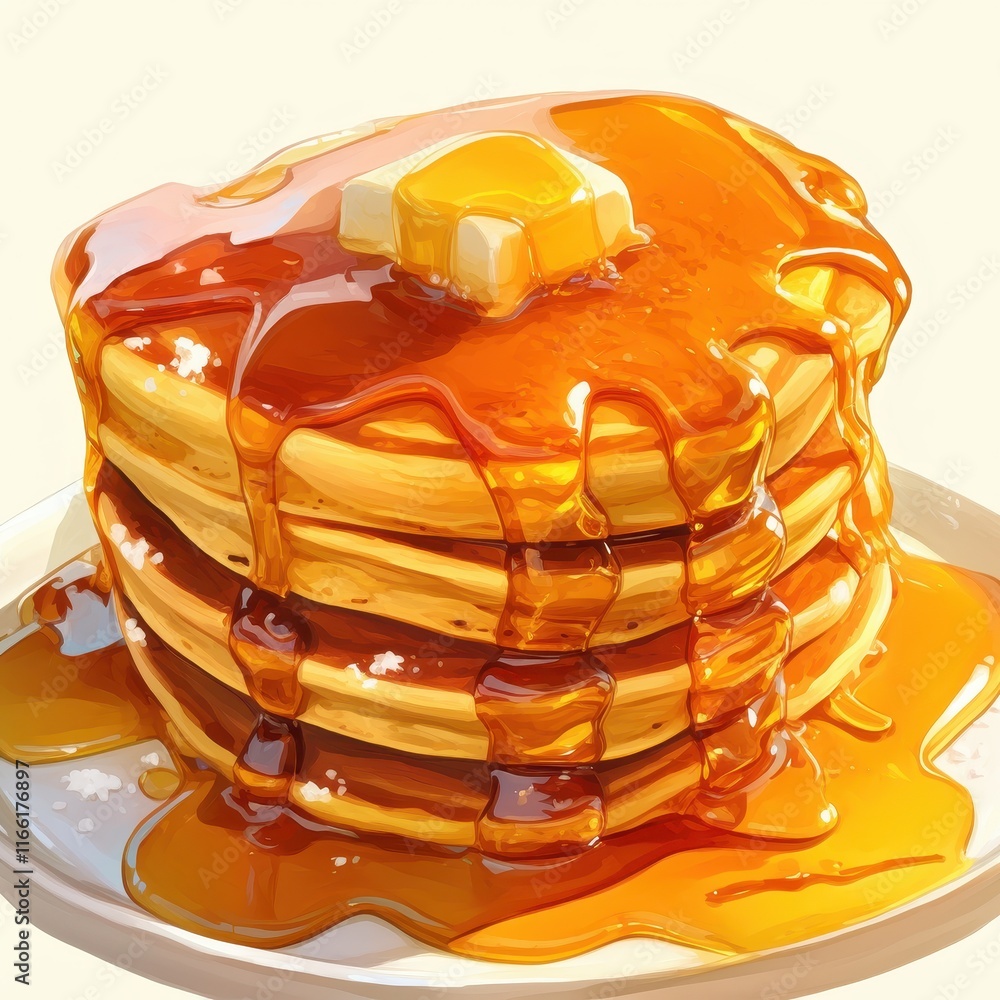 Poster a stack of fluffy pancakes drizzled with syrup and topped with butter.