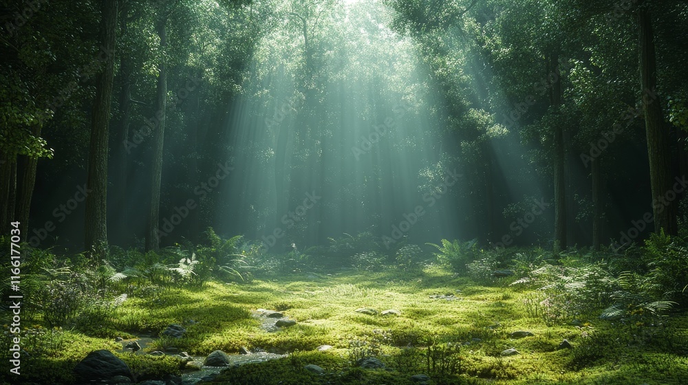 Poster sunlight filters through trees illuminating a serene forest clearing filled with lush greenery and s
