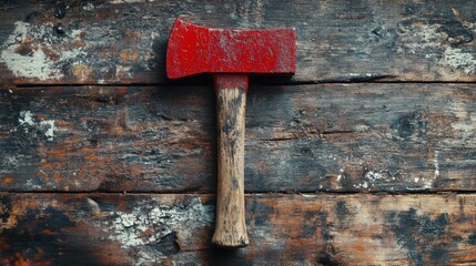 Worn rustic red-handled axe resting against rugged, distressed, and weathered wooden surface with contrasting textures highlighting the vintage tool's utilitarian history and craftsmanship