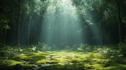 Obraz premium Sunlight Filters Through Trees Illuminating a Serene Forest Clearing Filled With Lush Greenery and Soft Moss