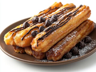 Delicious Churros Topped With Chocolate Drizzle and Sprinkles Served on a Brown Plate for a Sweet Treat