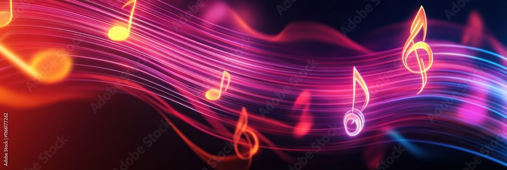 Poster Glowing neon musical staff lines create a vibrant and dynamic visual experience in a digital art composition. Generative AI