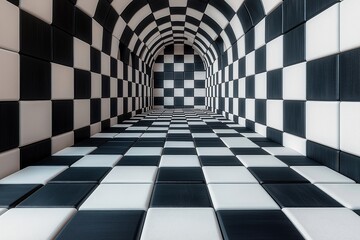 Naklejka premium Black, white checkered tile maze creates optical illusion. Geometric pattern suggests strategic, minimalistic design. Labyrinthine passageway offers visual challenge, abstract navigation. Modern,