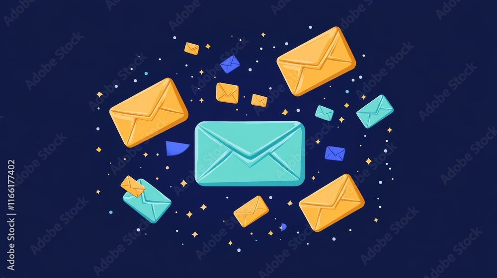 Poster colorful envelopes floating against a dark background illustrate the concept of digital communicatio